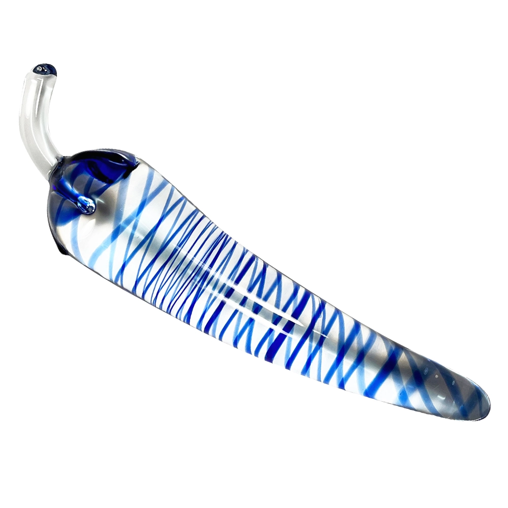 BLUE SWIRLING STRIPES PEPPER SHAPED GLASS DILDO