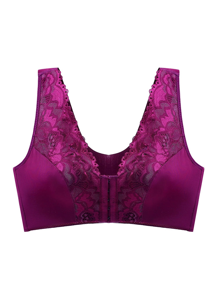 Breathable V-neck Lace Front Close Wireless Bra