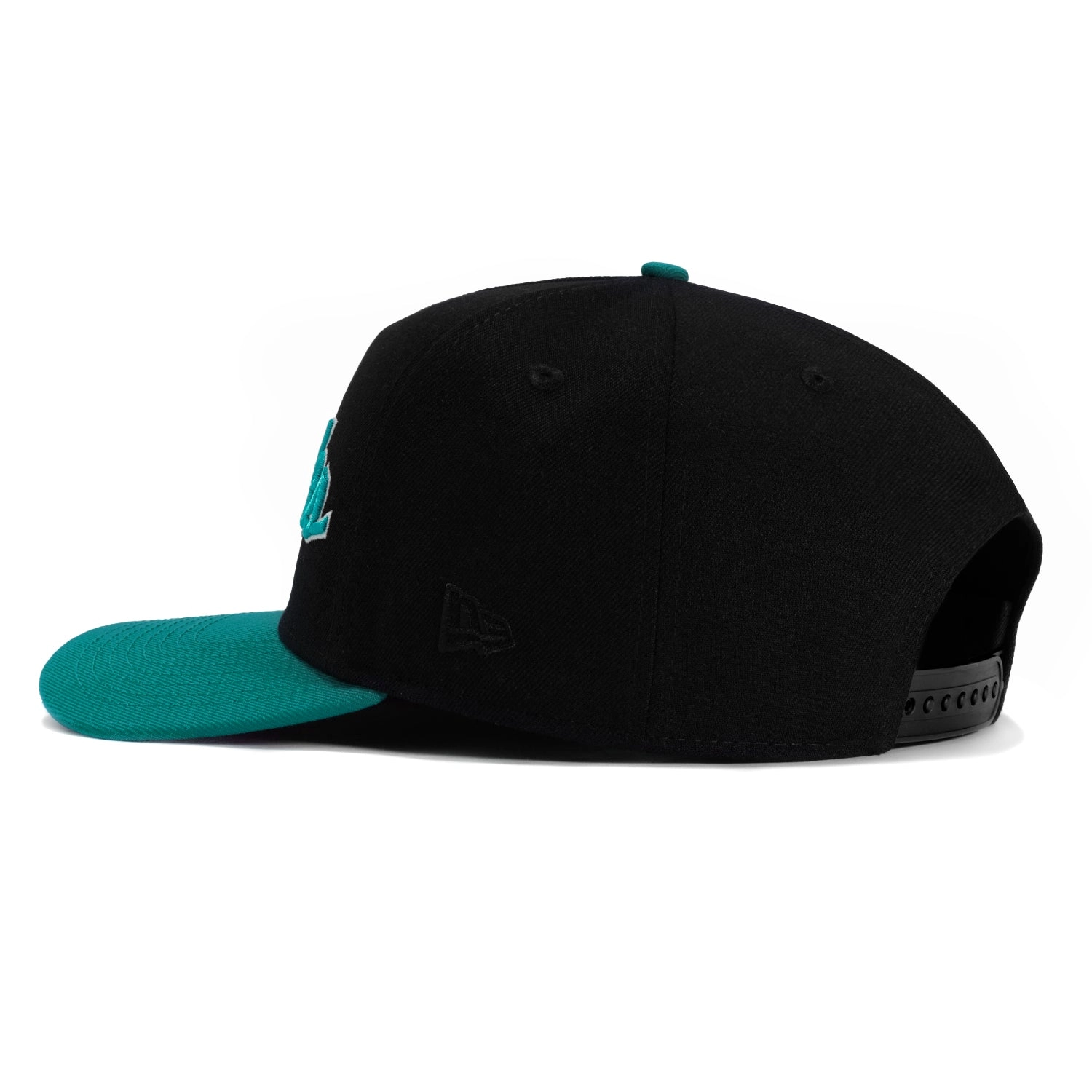 New Era 9Fifty A-Frame San Jose Sharks Logo Patch Script Snapback Hat - Black. Teal