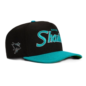 New Era 9Fifty A-Frame San Jose Sharks Logo Patch Script Snapback Hat - Black. Teal