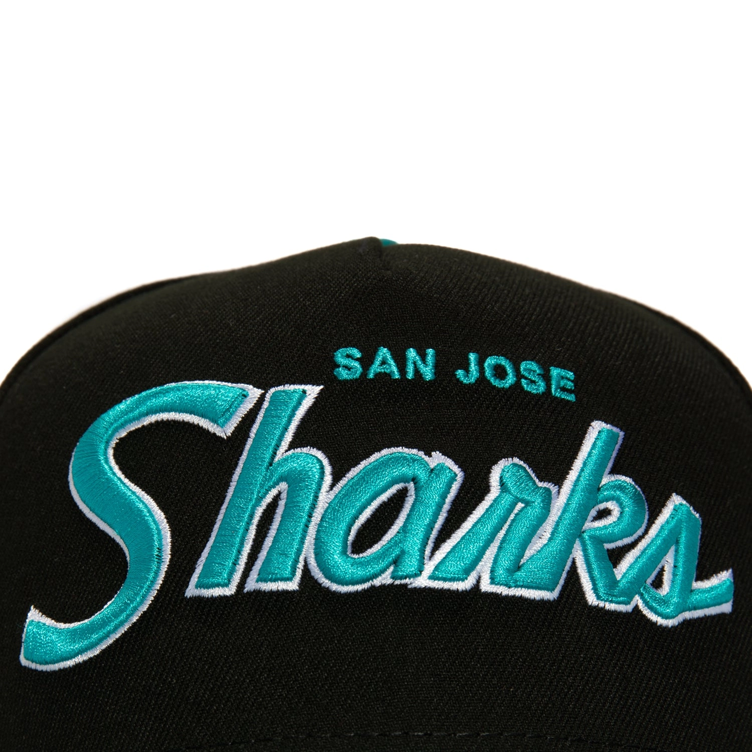New Era 9Fifty A-Frame San Jose Sharks Logo Patch Script Snapback Hat - Black. Teal