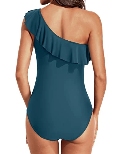Sexy One Piece Bathing Suits One Shoulder Swimwear-Teal