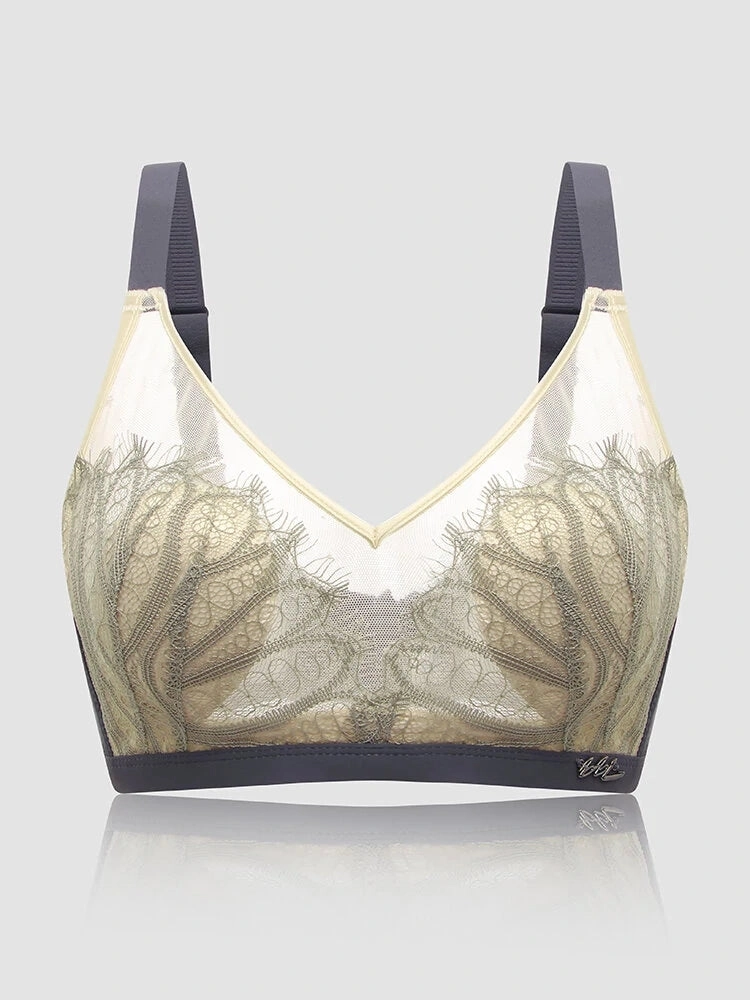 Women Jacquard Lace Trim Transparent Thin Wireless Bras