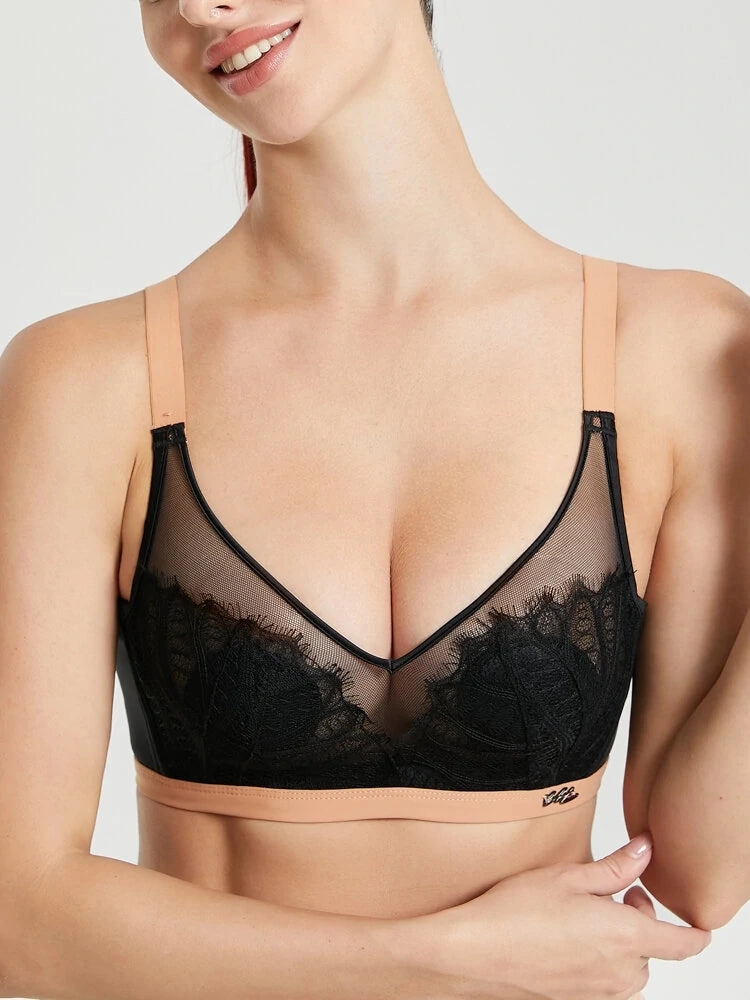 Women Jacquard Lace Trim Transparent Thin Wireless Bras